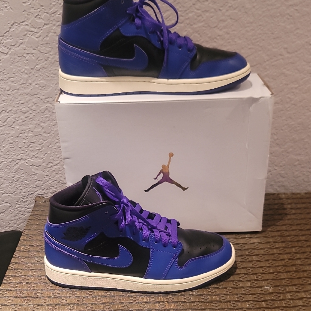 Black and Deep Purple Jordan 1 Mid-Top Sneakers In Original Box